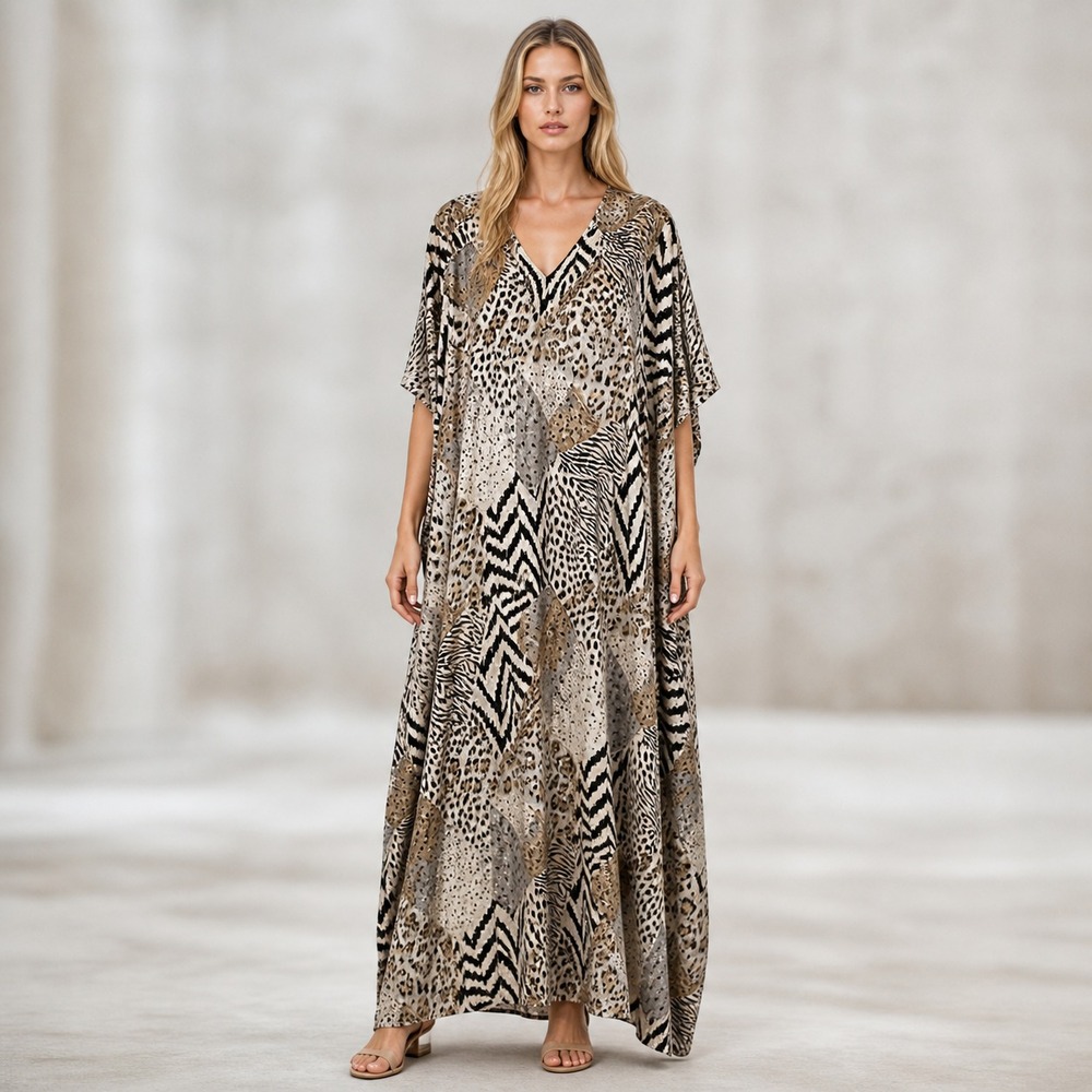 Sante Luxe Bold Zebra Animal Print Kaftan Dress Drapey Resort Vacation Free Size